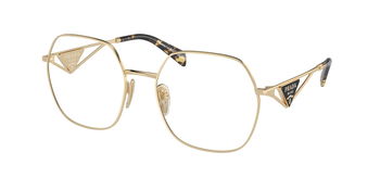 Das Bild zeigt die Prada Brille 59ZV in Hellgold leicht schräg von der Seite.